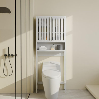 Armoire de rangement en bambou au-dessus de la toilette avec portes à persiennes, étagère de salle de bain blanche peu encombrante, H 64,8 po