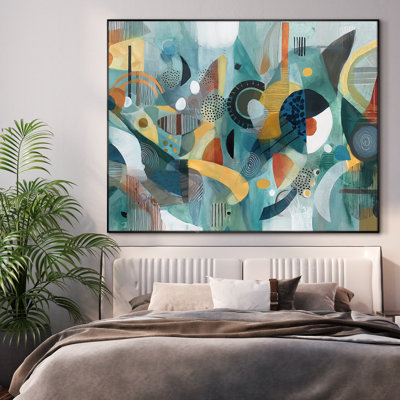 Extra Large Wall Art Fabric Print - Colorful Geometric Abstract Mid-Century Modern Style for Creative Artwork Decor for Living Room or Bedroom - "Frame Assembly Required (Unfinished Frame)"