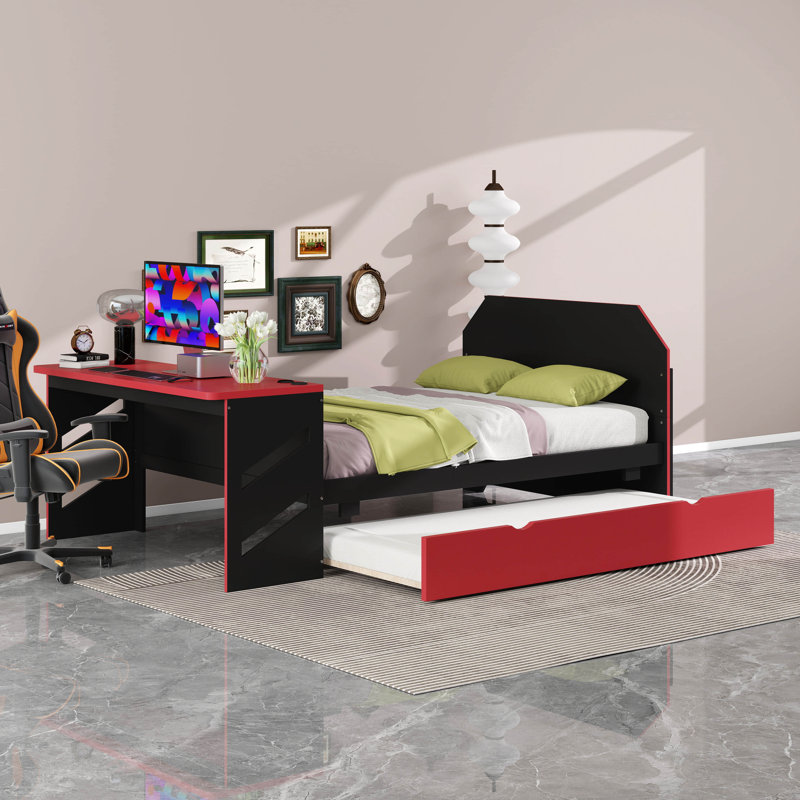 Lit de jour double avec lit gigogne, cadre de lit de jour avec bureau, cadre de lit de jour avec port USB, Rouge