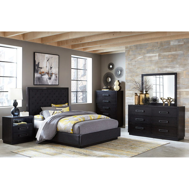 Table de chevet de chambre à coucher avec 2 cadres, DEL, port de charge, finition gris anthracite et configuration élégante en verre inséré, prises de courant,