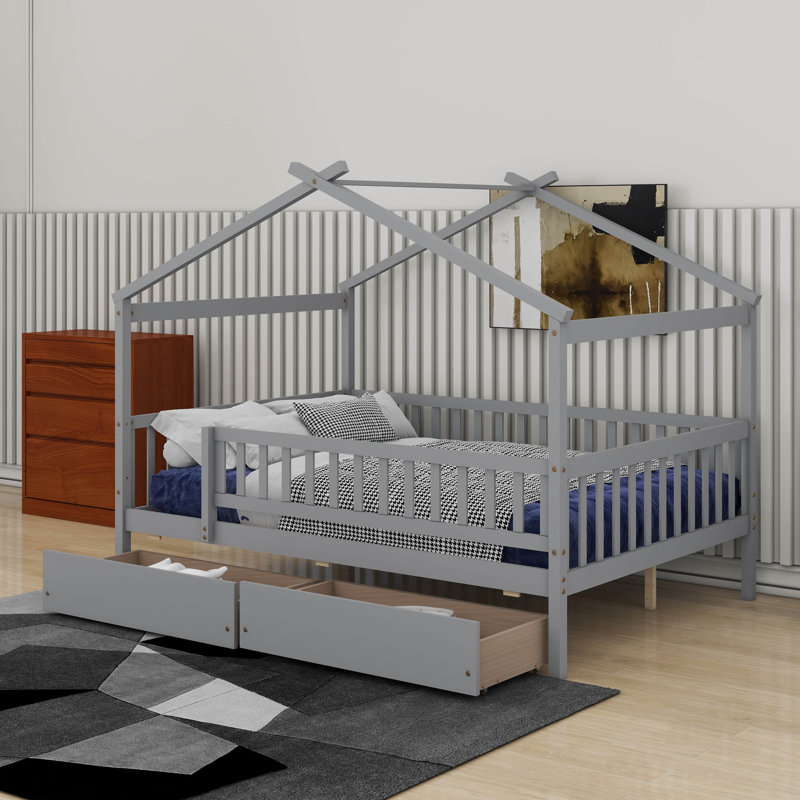Full Size Wooden House Bed With Drawers, Gris