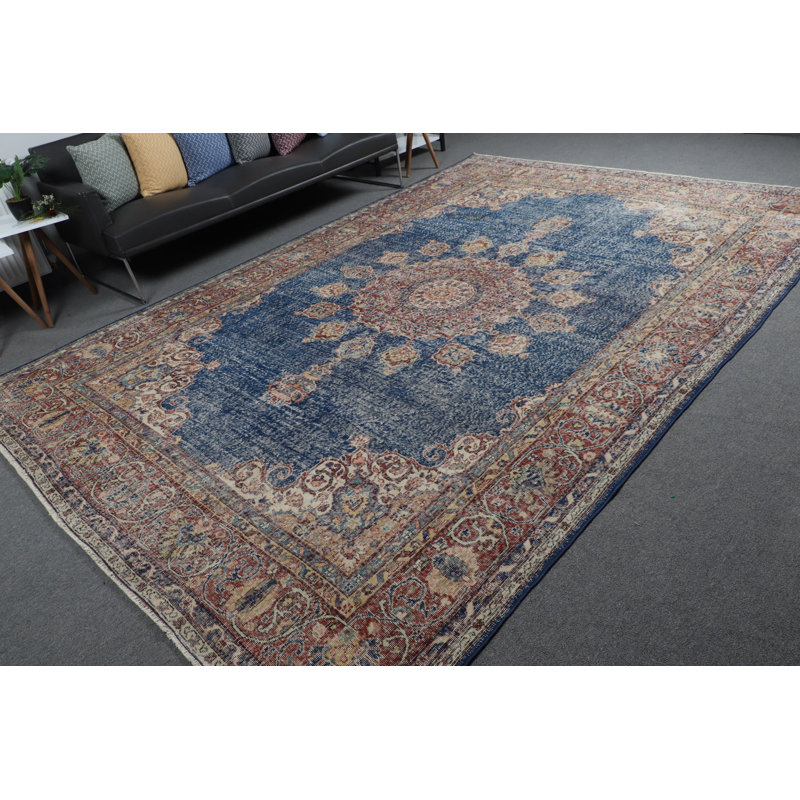 Tapis turc Anatolian rétro fait à la main en bleu marine pour salon Oushak