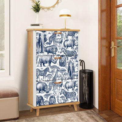 Shoe Storage Cabinet with 3 Flip Drawers for African Animals Drawing Elephants Shoe Rack Storage Organizer