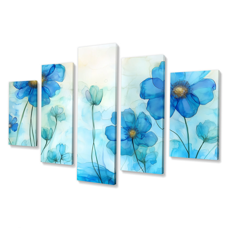 Art mural fleurs sauvages, toile de prairie d'été, ensemble de 5 champs de fleurs sauvages bleues en été