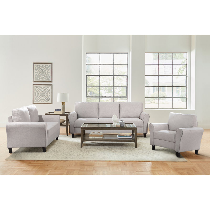 Emilio Transitional Chenille Fabric 3-Piece Living Room Set with Plush Seating, Solid Wood Frame & Black Faux Wood Feet, Sand