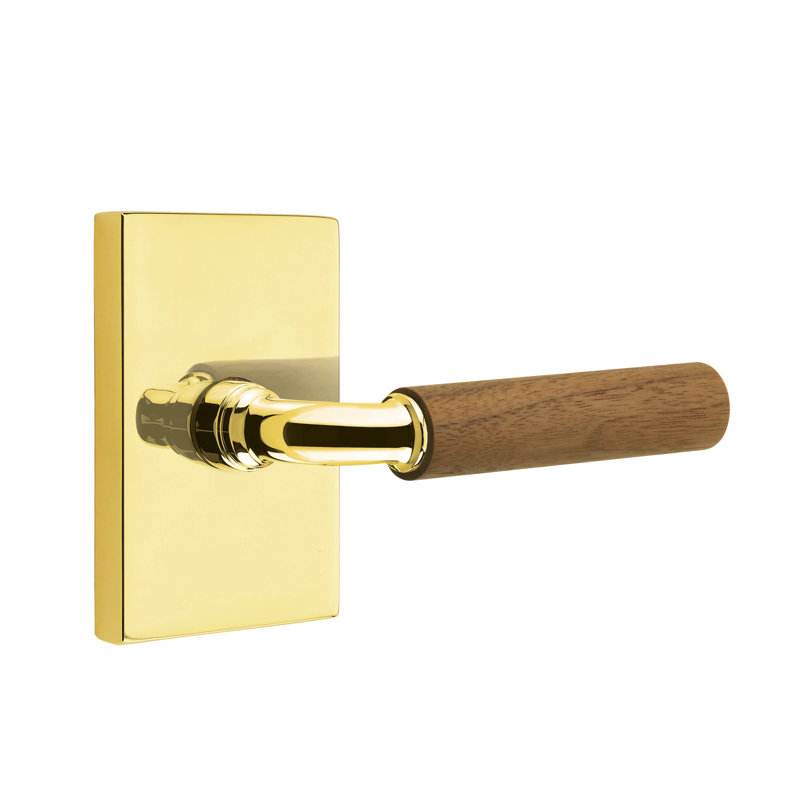 Emtek Select Dummy Leverset w/ Modern Rectangular Rosette & R-Bar Stem, Dark Walnut Handle, Unlacquered Brass