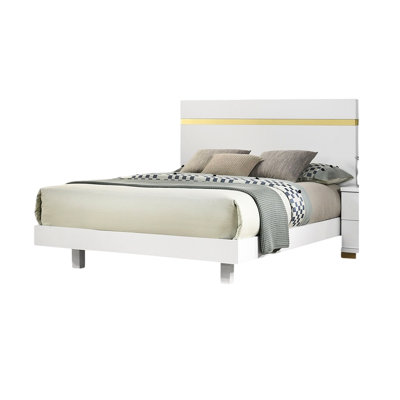Queen Size Bed Frame, Underbed Led, Modern Contemporary Design, White/Gold Color, Engineered Wood And Metal, Acrylic Trim, Mattress Ready, Proof Cases