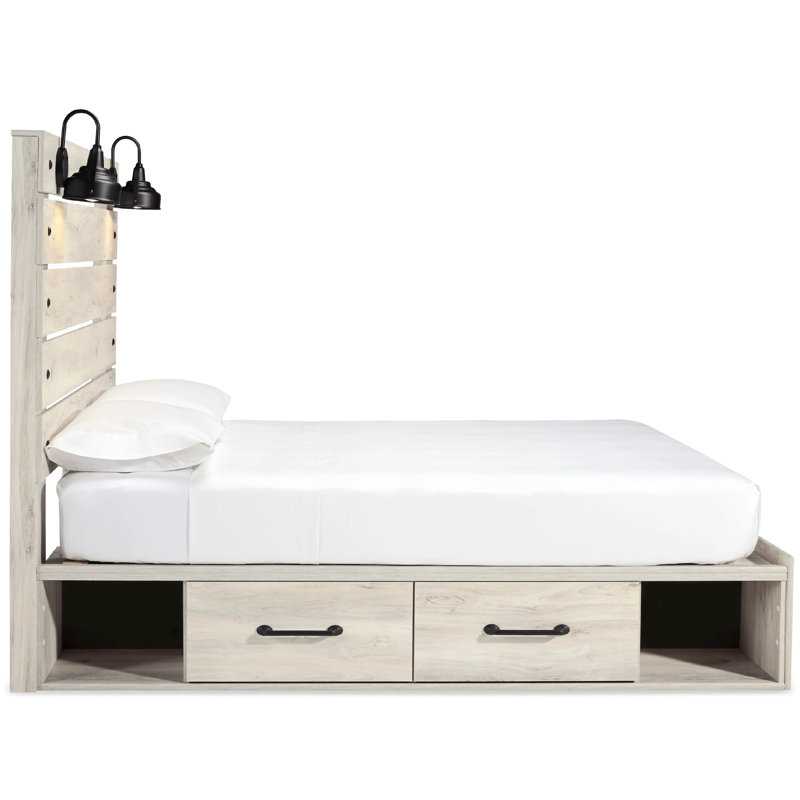 Grand lit à panneau rustique Cemy, 2 appliques et 4 tiroirs, blanc délavé, Grand