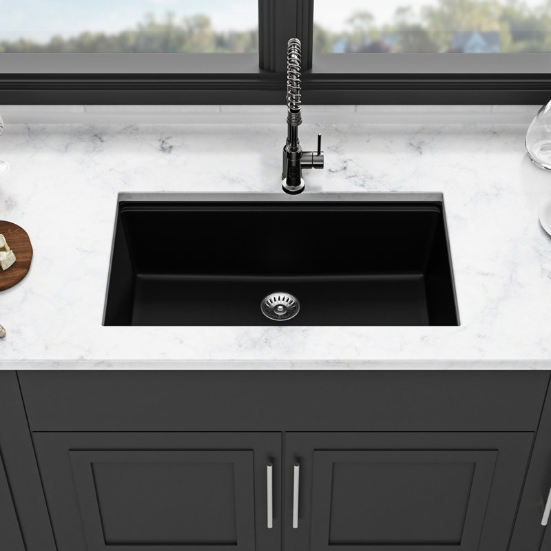 Évier de comptoir encastrable au quartz 30 po x 19 po en granite style station de travail pour des cuisines élégantes, Noir
