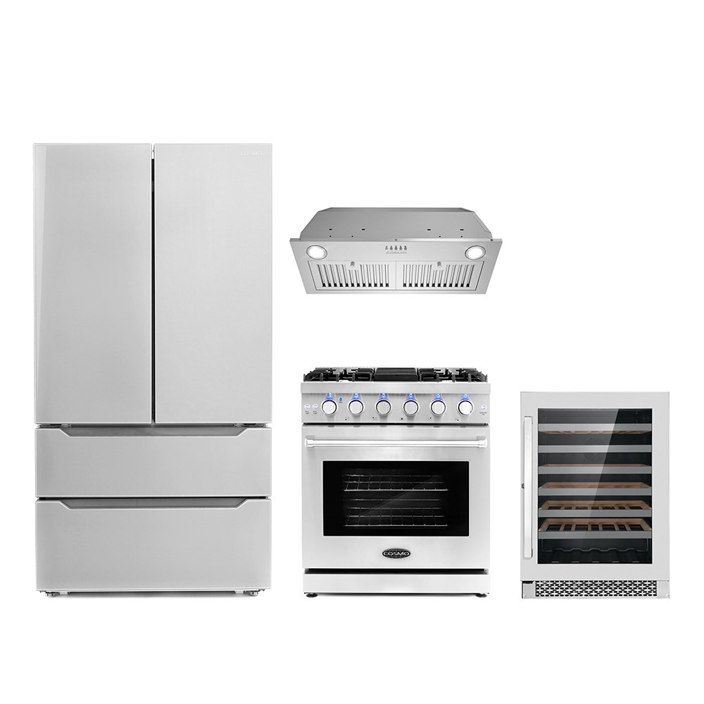 Cosmo 4 Piece Kitchen Appliance Package with French Door Refrigerator , 30'' Gas Freestanding Range , Insert Range Hood , and Wine Refrigerator Cosmo