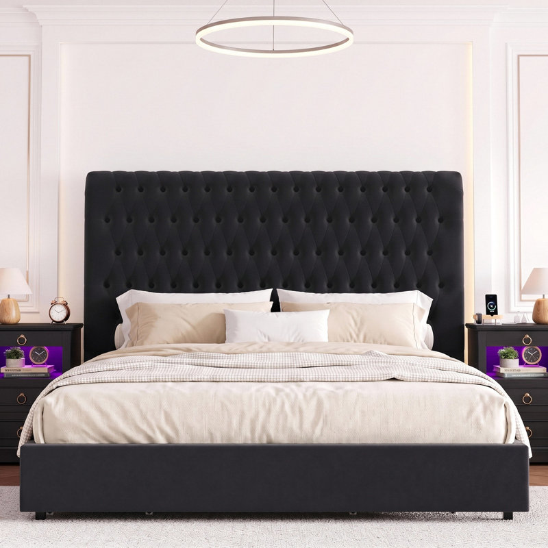 3-Piece Smart Illuminated Bedroom Set -Tall Storage Bed and LED Nightstands with Charging Station