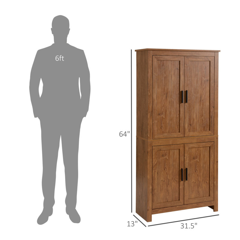 Armoire de rangement autoportante de 64 po à 4 portes avec 3 tablettes réglables, Chêne