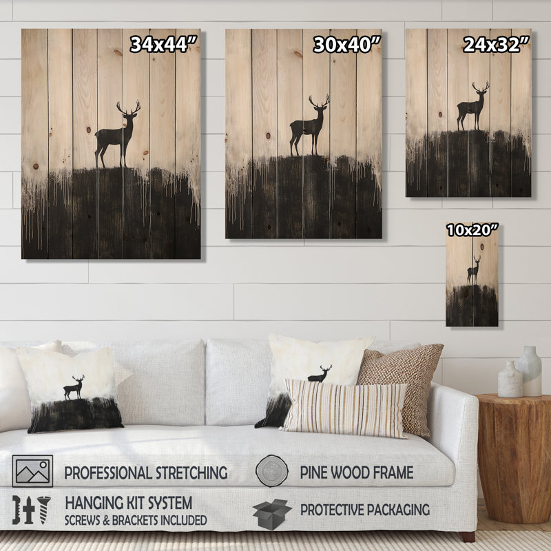 Silhouette de cerf sur une montagne - décoration murale en bois moderne sur bois de pin naturel, H 44 po x l 34 po