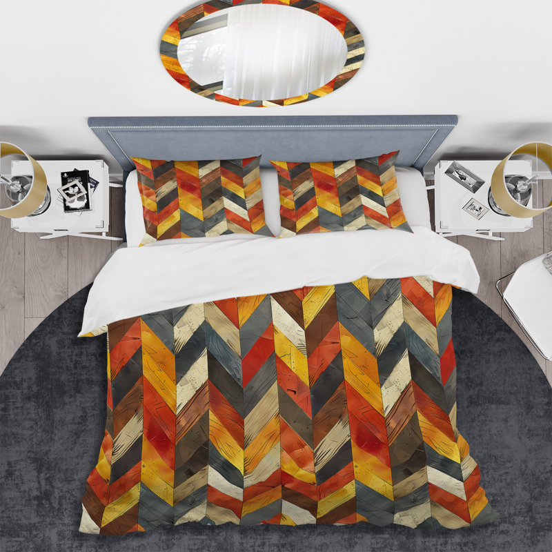 Ensemble de housse de couette à chevrons orange et jaune, Housse de couette très grand + 2 taies décorativ