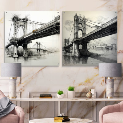 Analytic Drawing Of A Bridges - Bridges Acrylic Wall Art Glass Set Of 2