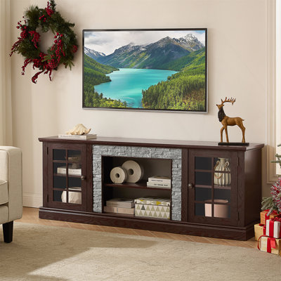 70 Inch  TV Stand with Faux Stone Finish and Ample Storage, Perfect for Home Entertainment and Organization