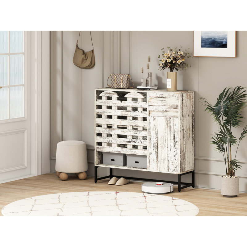 Armoire de rangement rustique de 44,3 po pour chambre à coucher, salon - console de bar avec tiroir et portes, finition blanche patinée, rangement rétro, cuisine de buffet, utilisation à long terme dans le couloir