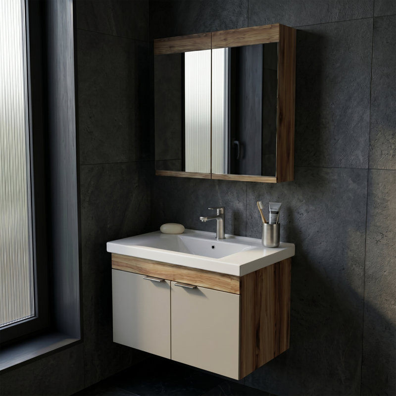 Ensemble de meuble-lavabo flottant avec armoire à pharmacie à deux portes Alastair, 22" H x 32" W x 18" D, Latte