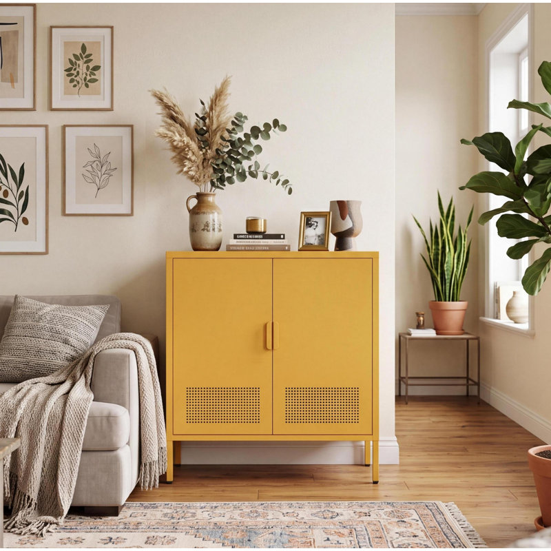 Armoire de rangement en métal à 3 niveaux avec pieds et 2 portes, décor de style casier, 2 tablettes réglables, organisateur polyvalent, assemblage facile pour la maison, le bureau, le vestibule, orange