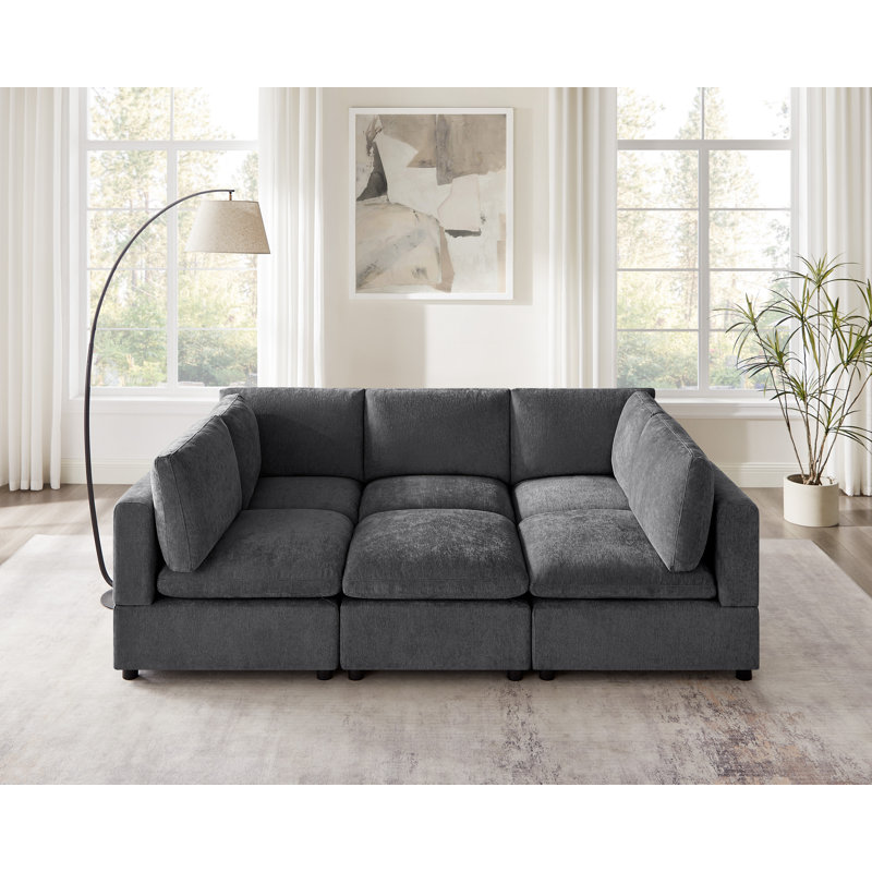 6-Piece Upholstered Symmetrical Sectional, Modular Sofa, Gray Polyester