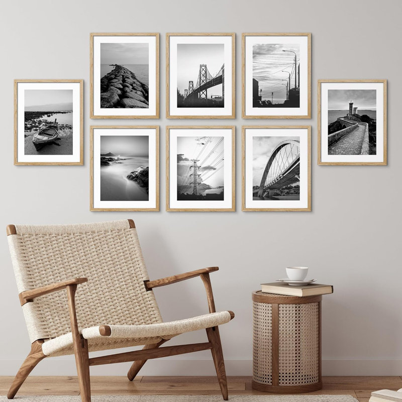 «Black & White Ocean Beach Coastal Seascape Briages», reproduction imprimée sur papier, 8 pièces, L 12 po x H 16 po