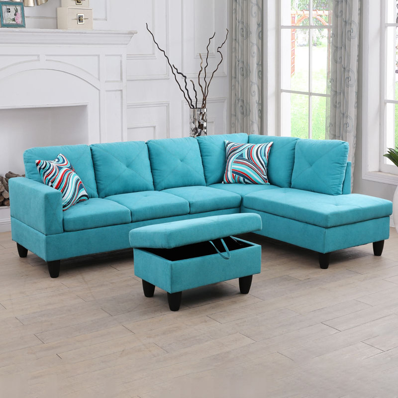 Halid Wide Sofa & Chaise with Ottoman, Right Hand Facing, Blue Linen
