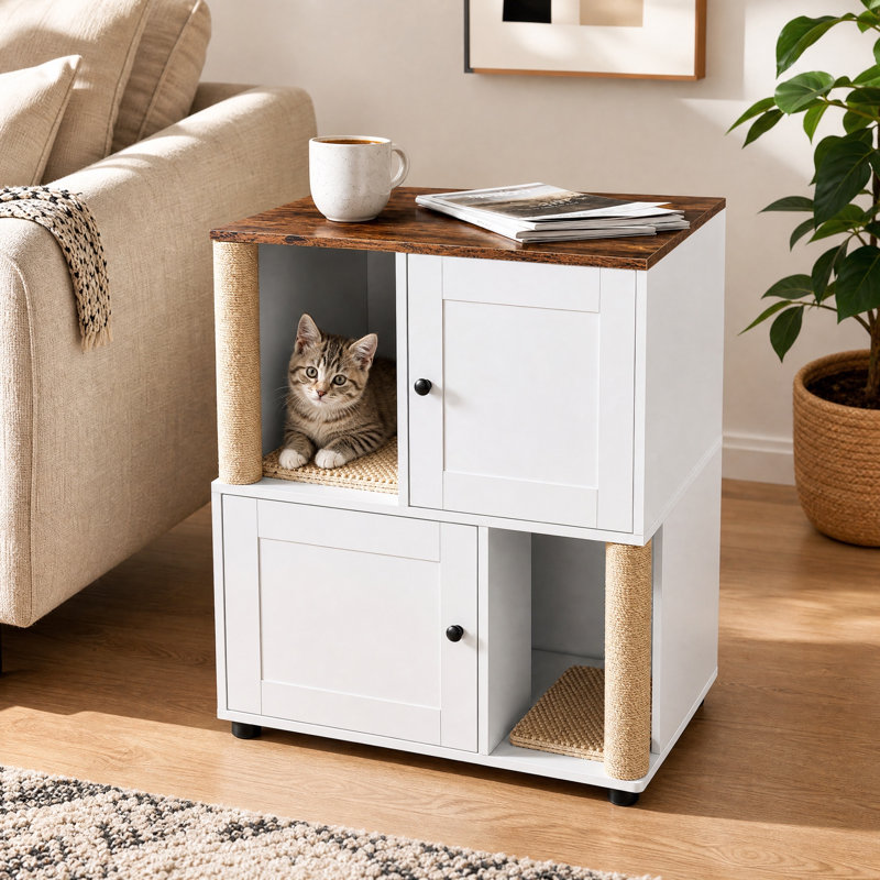 Double bac à litière pour chat, litière à deux niveaux avec poteaux à griffer, tapis et tablette, convient à la plupart des bacs à litière, blanc et rétro