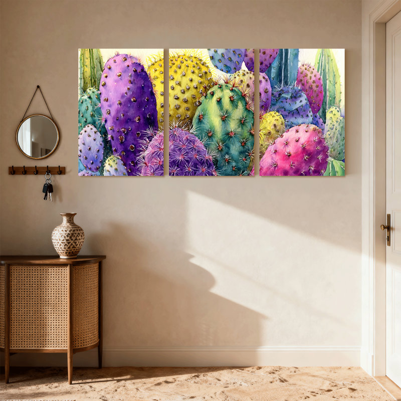 Plantes et fleurs, ensemble de 3 reproductions d'art sur toile, motif de cactus colorés, H 18 po x l 36 po