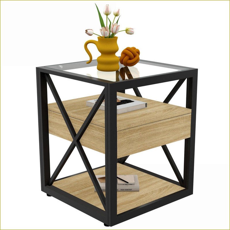 Table basse industrielle avec panneau de fibres à densité moyenne et amp; Verre trempé, facile à nettoyer pour le salon et amp; Chambre à coucher