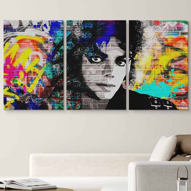 Portrait urbain de Michael Jackson, graffiti et art de rue, pop art coloré, 3 pièces, Toile tendue