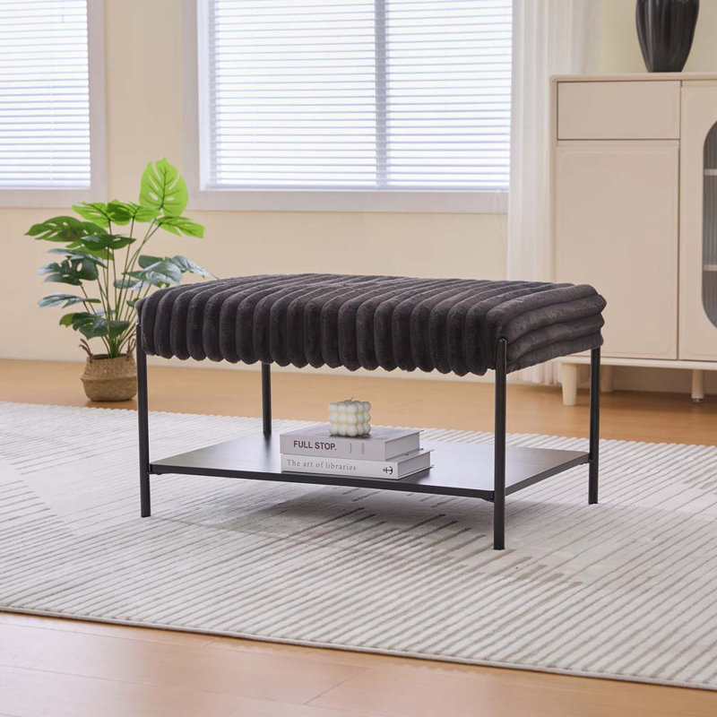 30.7" Faux Fur Upholstered Bench with Wooden Open Storage Shelf,, Charcoal