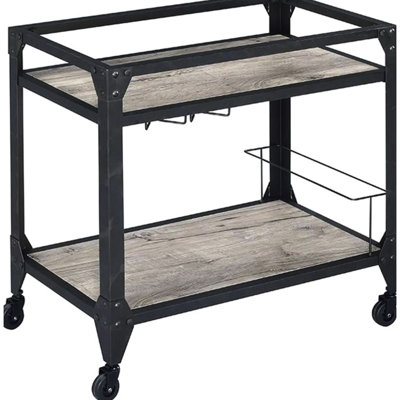 Rustic Oak & Charcoal Serving Cabinet - Generous Shelving, Wine Bottle And Stemware Storage Charcoal Cart With Details Spacious For Entertaining Needs
