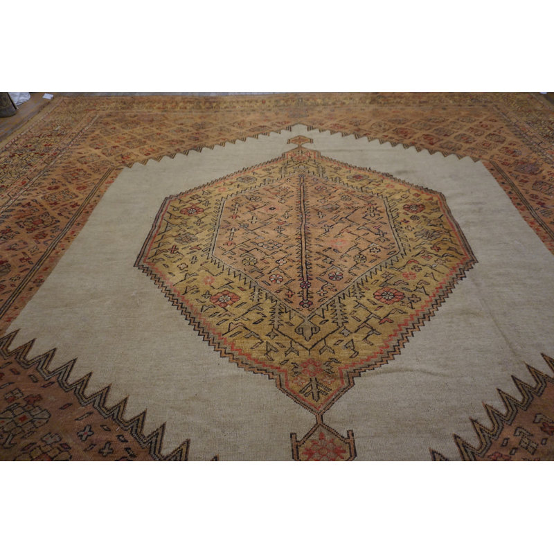 Antique Square Shape Wool Pile Ivory Hand Knotted Tribal Turkish Oushak Rug