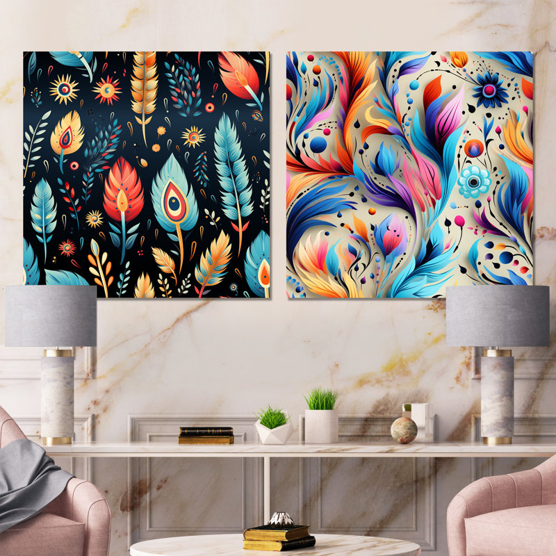 Eclectic Nomad Boho Pattern II - Feathers Metal Wall Decor Square Set Of 2, 16" H x 32" W