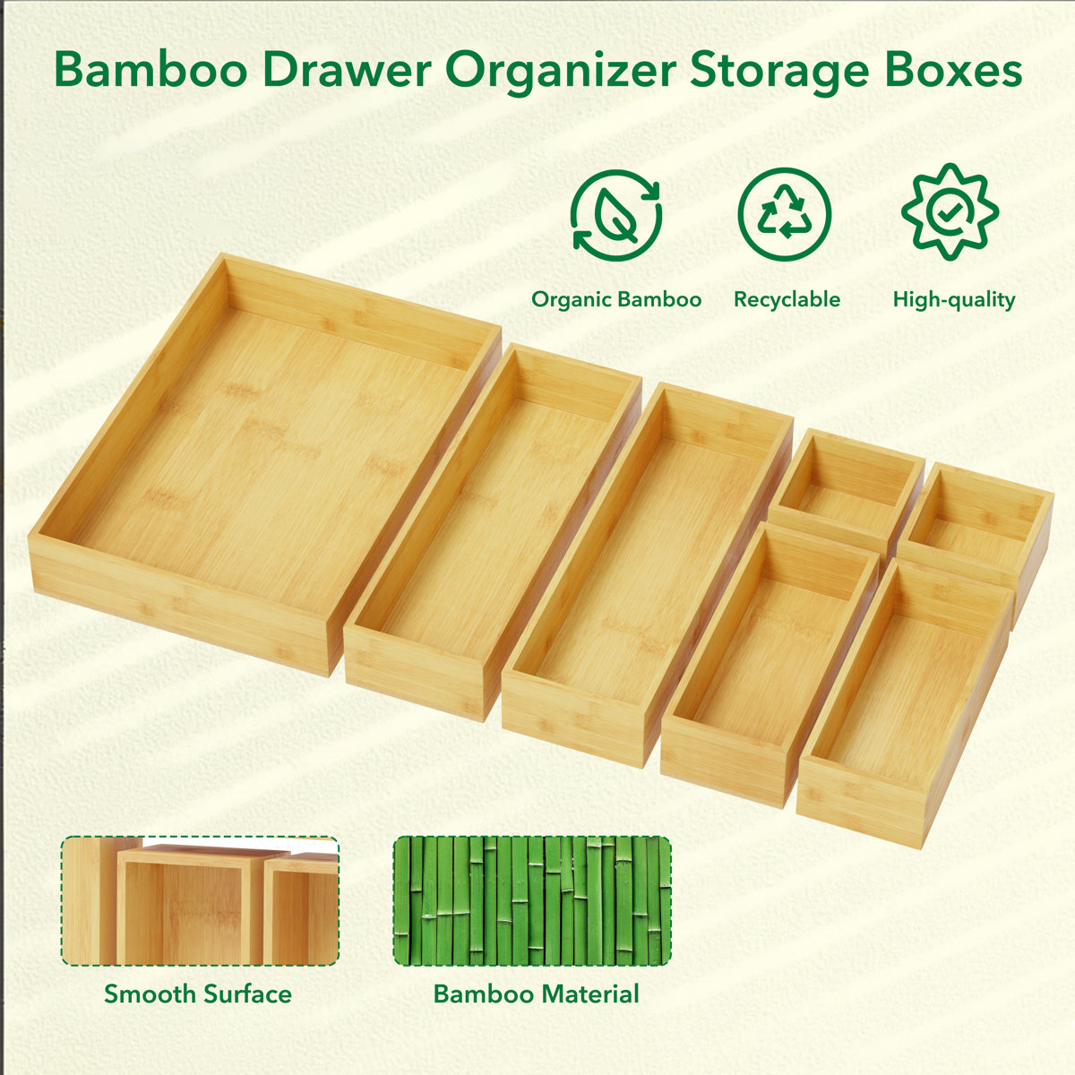 7-Piece Bamboo Drawer Organizer Set, Multi-Use Wood Tray Divider Bins for Kitchen, Bathroom, Office Desk and Makeup Organization