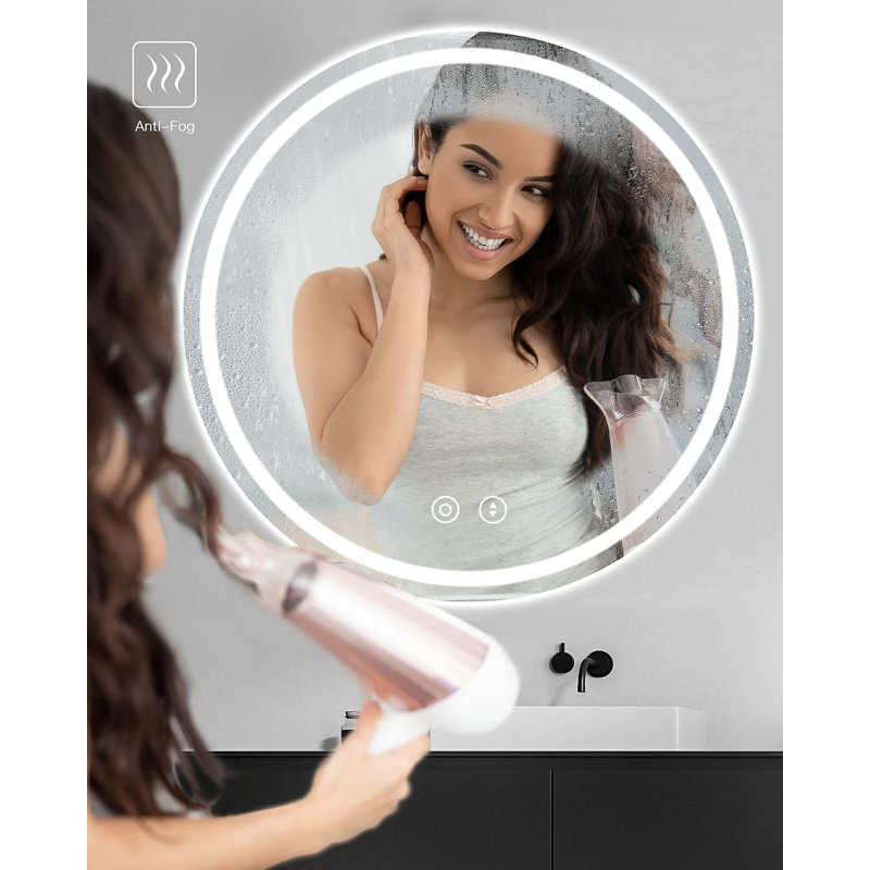 600mm Round Bathroom Mirror with LED Light, Illuminated Circle Makeup Vanity Mirror with Demister Pad, Anti-fog, 3 Lighting Modes, Dimmable, Wall Mounted, Front+Backlit, IP44