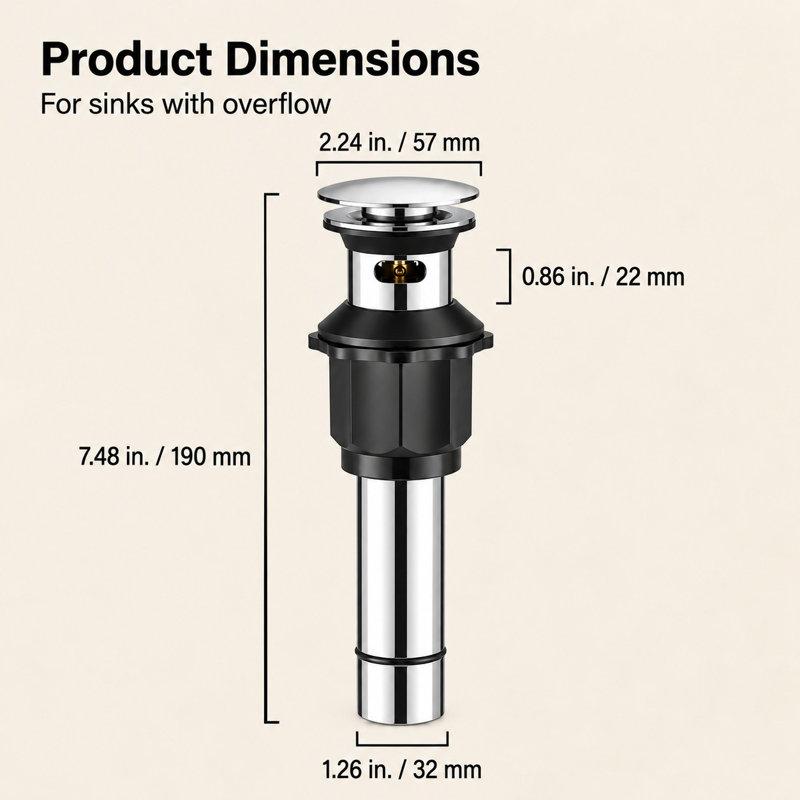 Bonde escamotable en acier inoxydable avec trop-plein, Chrome poli