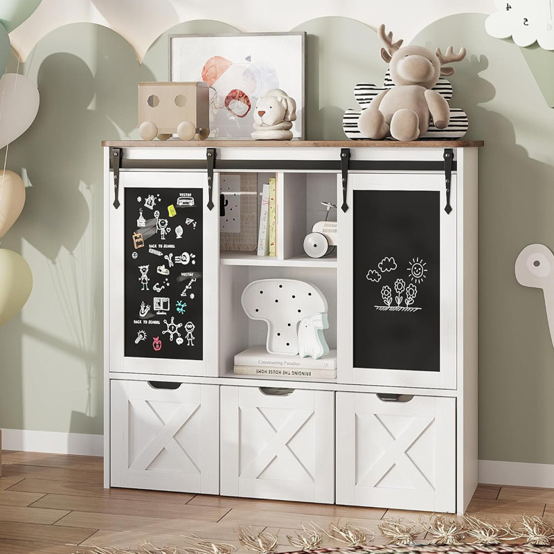 Rangement pour jouets avec tableau noir coulissant