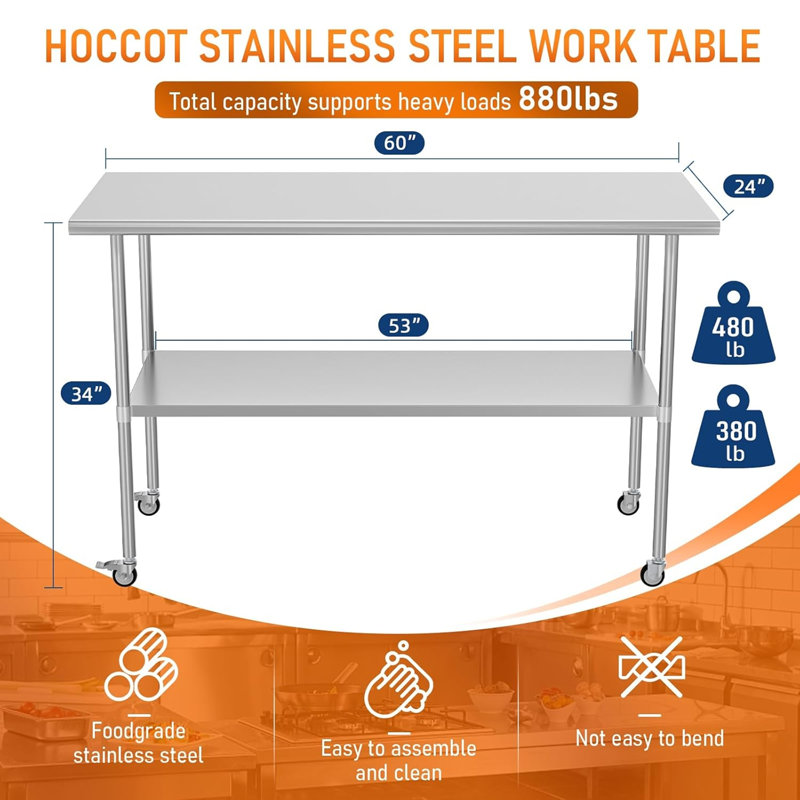 Table de préparation en acier inoxydable avec roulettes réglables sous la tablette