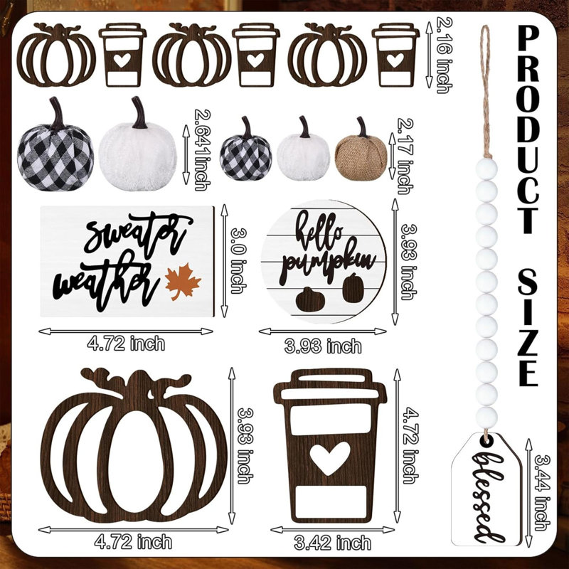 Ensemble de 19 décorations de plateau rustique d'automne rustique d'automne, ensemble de décoration de maison de campagne d'automne, décor d'automne rustique de citrouille, plateau d'automne à plusieurs niveaux, signe de plateau de table pour la cuisi