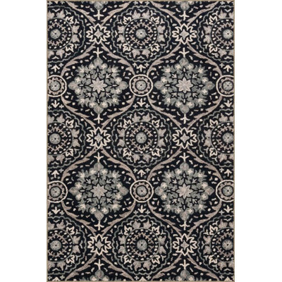 Black Floral Woven Base Washable Carpet