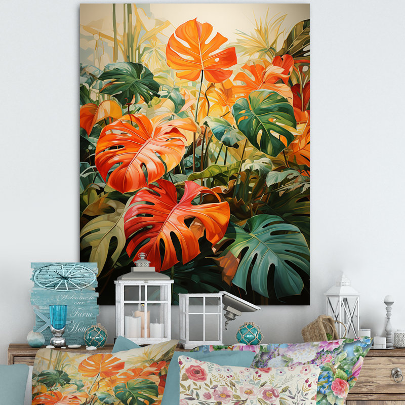 Feuillage tropical orange et vert I, Toile tendue, H 20 po x l 12 po x P 1 po