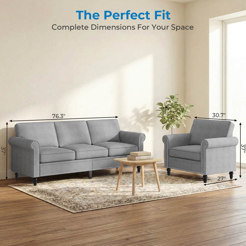 Ensemble de canapé moderne en lin 2 pièces, 3 places et fauteuil avec garniture cloutée, gris clair, Lin gris pâle