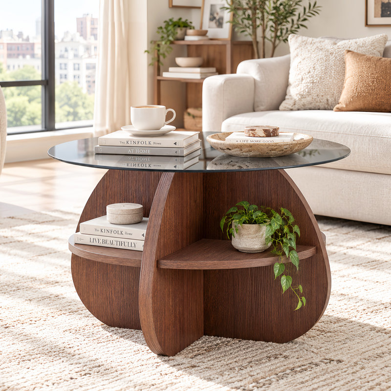 Table basse ronde de 75 cm (29,5 po) avec plateau en verre fumé et rangement ouvert