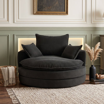 Fauteuil pivotant surdimensionné à 360° avec coussin épais en mousse double couche, 3 coussins et base pivotante en fer
