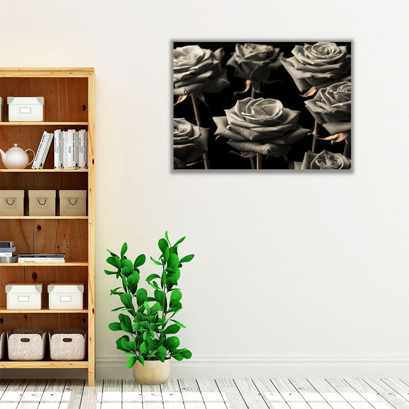 Sépia roses sur fond noir - reproduction d'art sur toile, H 18 po x l 24 po