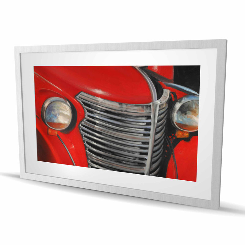 50's Car Grid Closeup | Grey Framed Matted Print for Decor, 24" H x 36" W