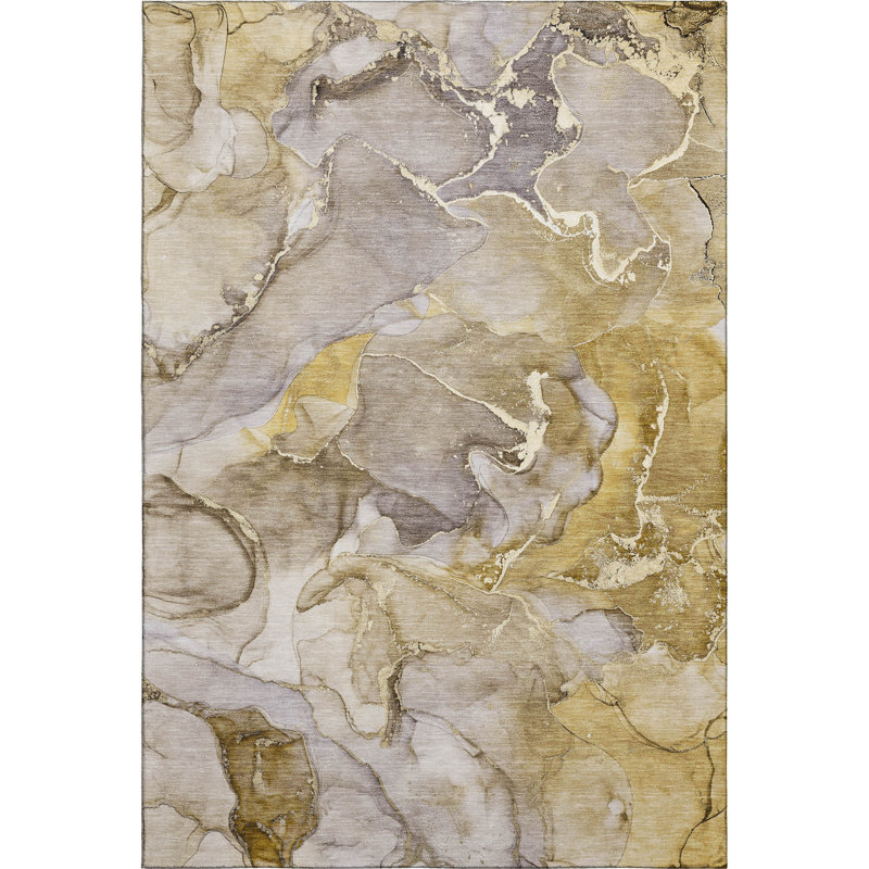 Taupe and Gold Abstract 5' x 7' Washable Synthetic Rug