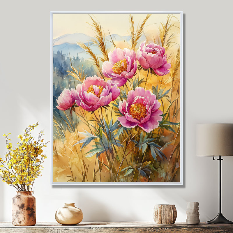 Pivoines à l'automne - Hillside III - Pivoines, impressions sur toile, H 32 po x l 24 po, Reproduction avec cadre flottant