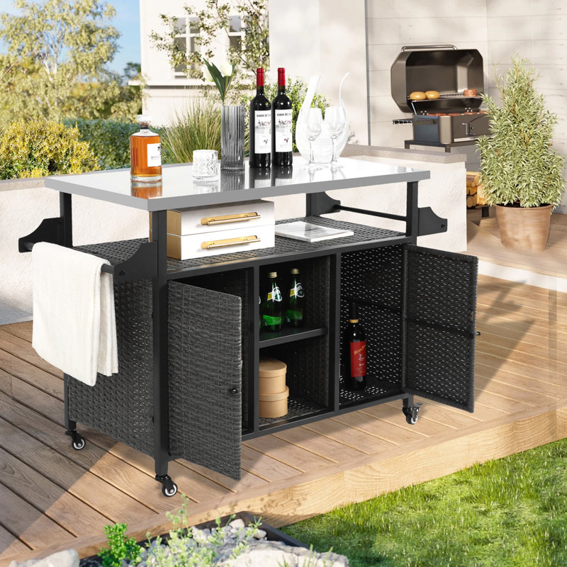Grand chariot-bar extérieur en osier avec rangement, plateau en acier inoxydable, roulettes et poignée latérale - patio ou cuisine